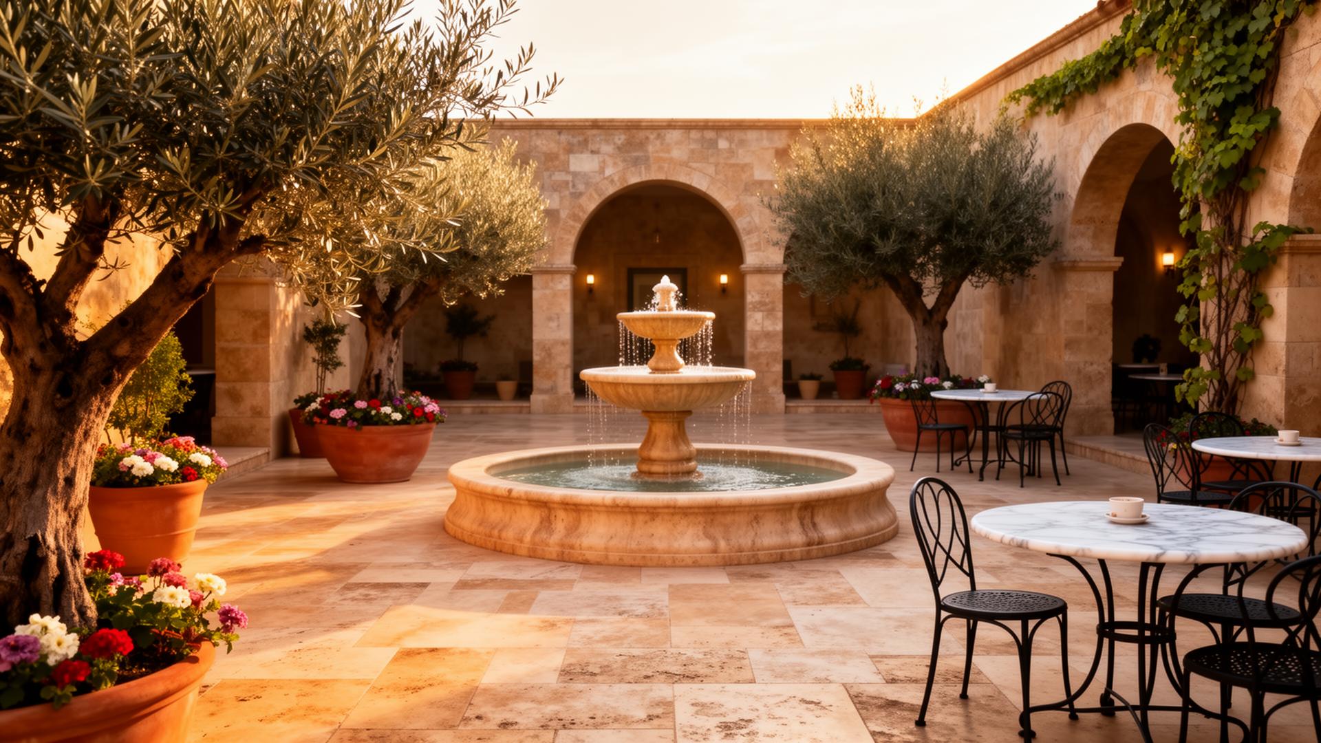 A Mediterranean courtyard with olive trees and warm stone walls