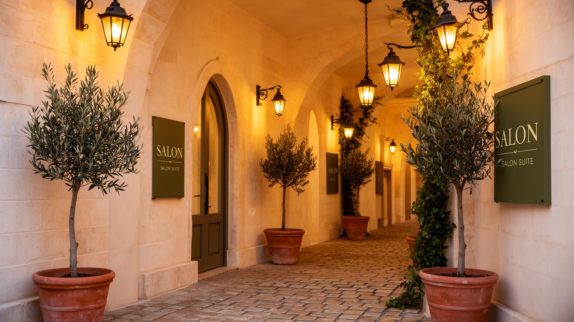 Lusso Belmont Mediterranean indoor streetscape with arched salon suite entrances, lanterns, and olive trees